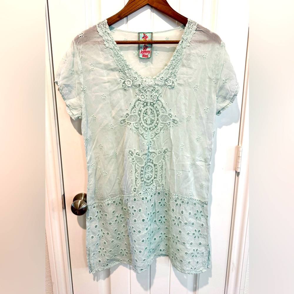 Johnny Was Kelso Eyelet Tunic Womens Sz S Short Sleeve Long Top in Arctic Mist - Picture 2 of 12